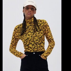 Ganni floral print stretch mesh yellow roll neck size eu34